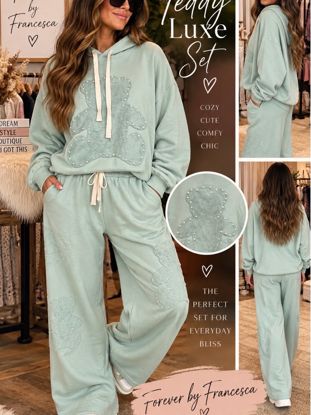 Peach Love Teddy Luxe Set - Mint Cozy Hoodie & Joggers